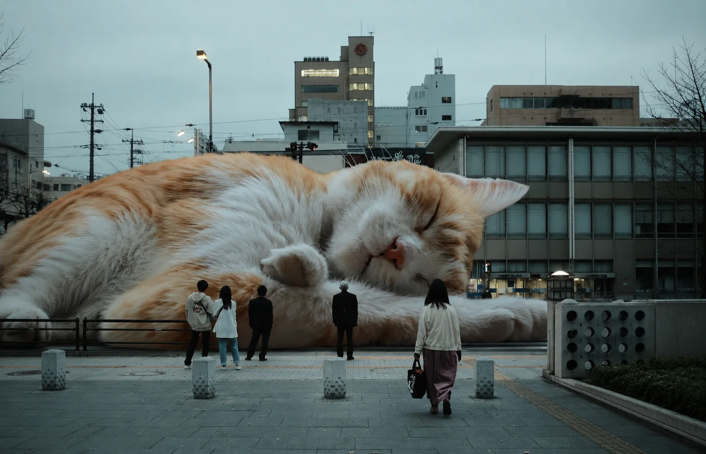 Giant orange and white cat sleeping in a city plaza while people stand nearby and watch