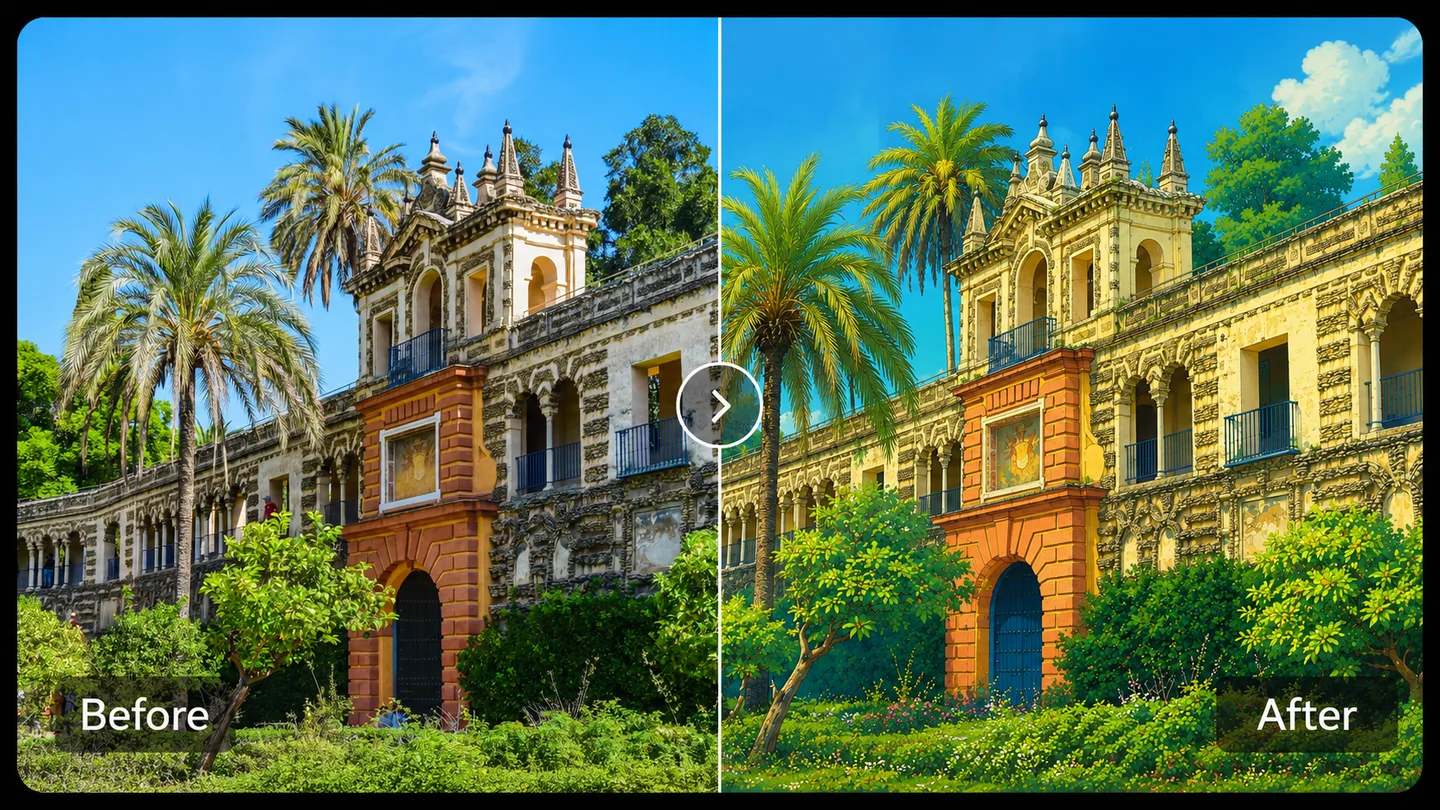 Before and after comparison of a historic garden building transformed into a colorful Ghibli-style illustration.
