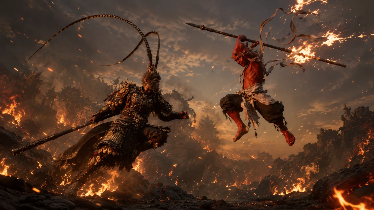 Wukong and Red Boy clash with weapons in a fiery mythological battle scene.