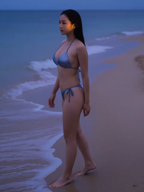 Image exemple pour le prompt bikini IA « Portrait cinématographique à l’heure bleue »