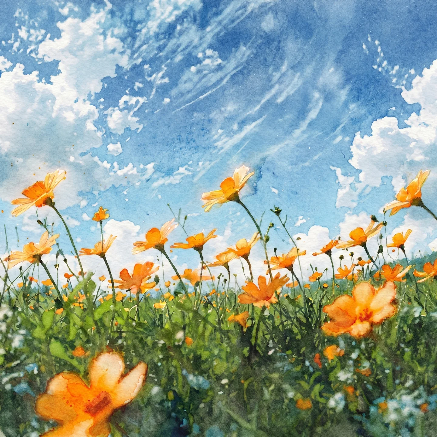 Watercolor painting of flowers created with AI image generator showing soft color bleeding effects
