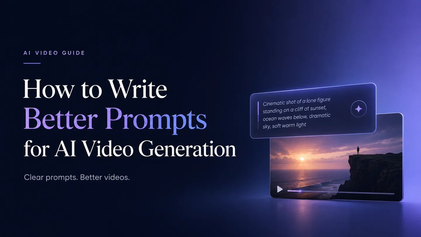Blog cover for How to Write Better Prompts for AI Video Generation, showing a minimal AI video prompt interface and cinematic video preview.