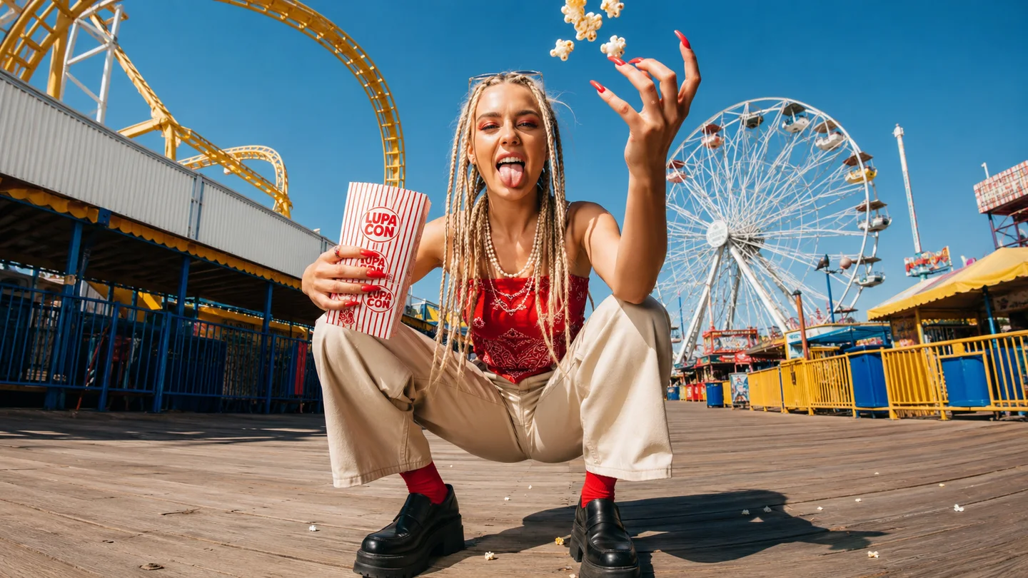 Woman holding popcorn at an amusement park