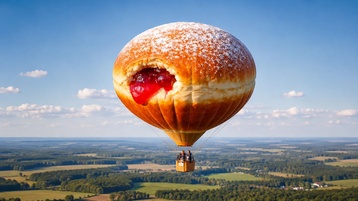 Pastry-shaped hot air balloon floating over the countryside