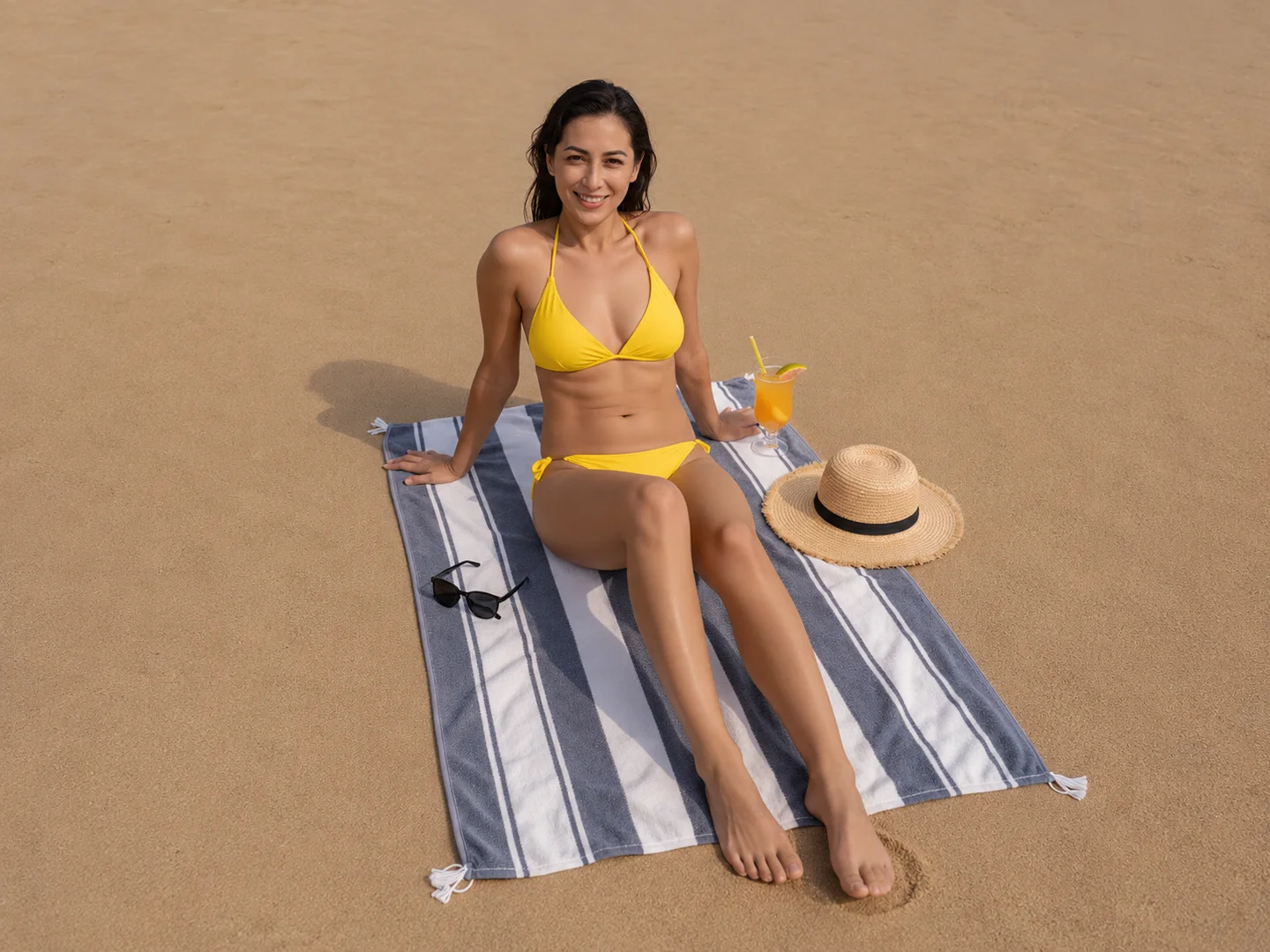 Yellow bikini beach blanket portrait before using an ai breast expansion generator
