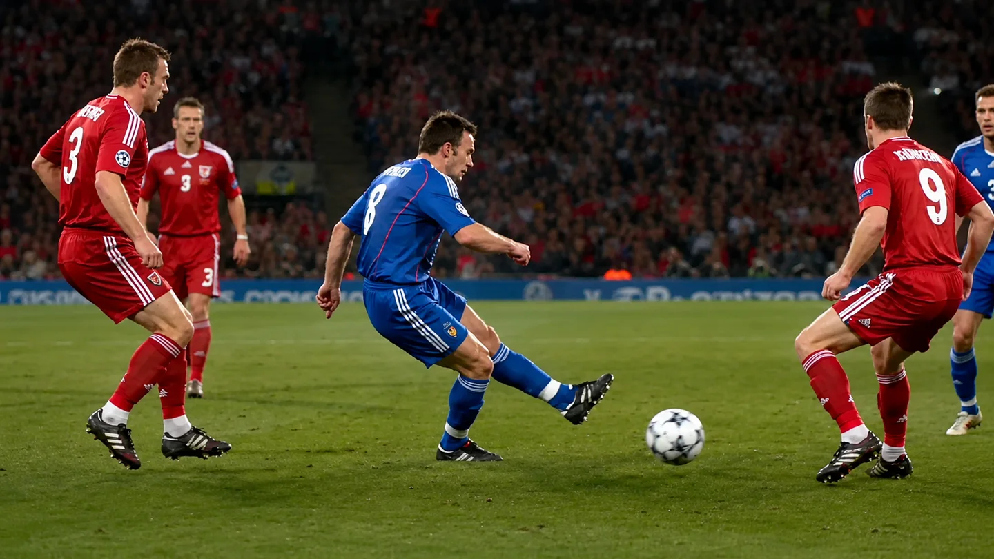 A soccer player in blue kicks the ball during an intense match against defenders in red.