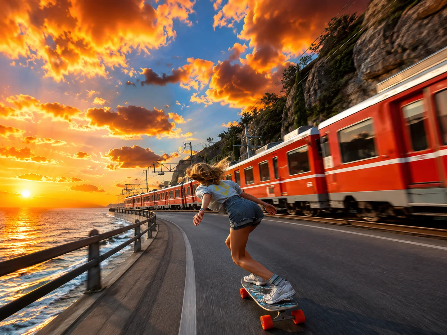 Chica patinando por una carretera costera al atardecer con un tren rojo pasando junto al océano