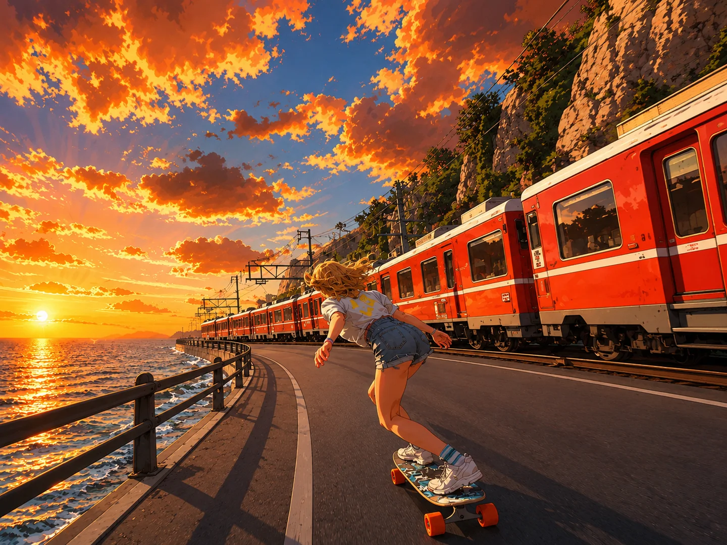 Fille style anime faisant du skateboard sur une route côtière au coucher du soleil, près d’un train rouge et d’un océan lumineux