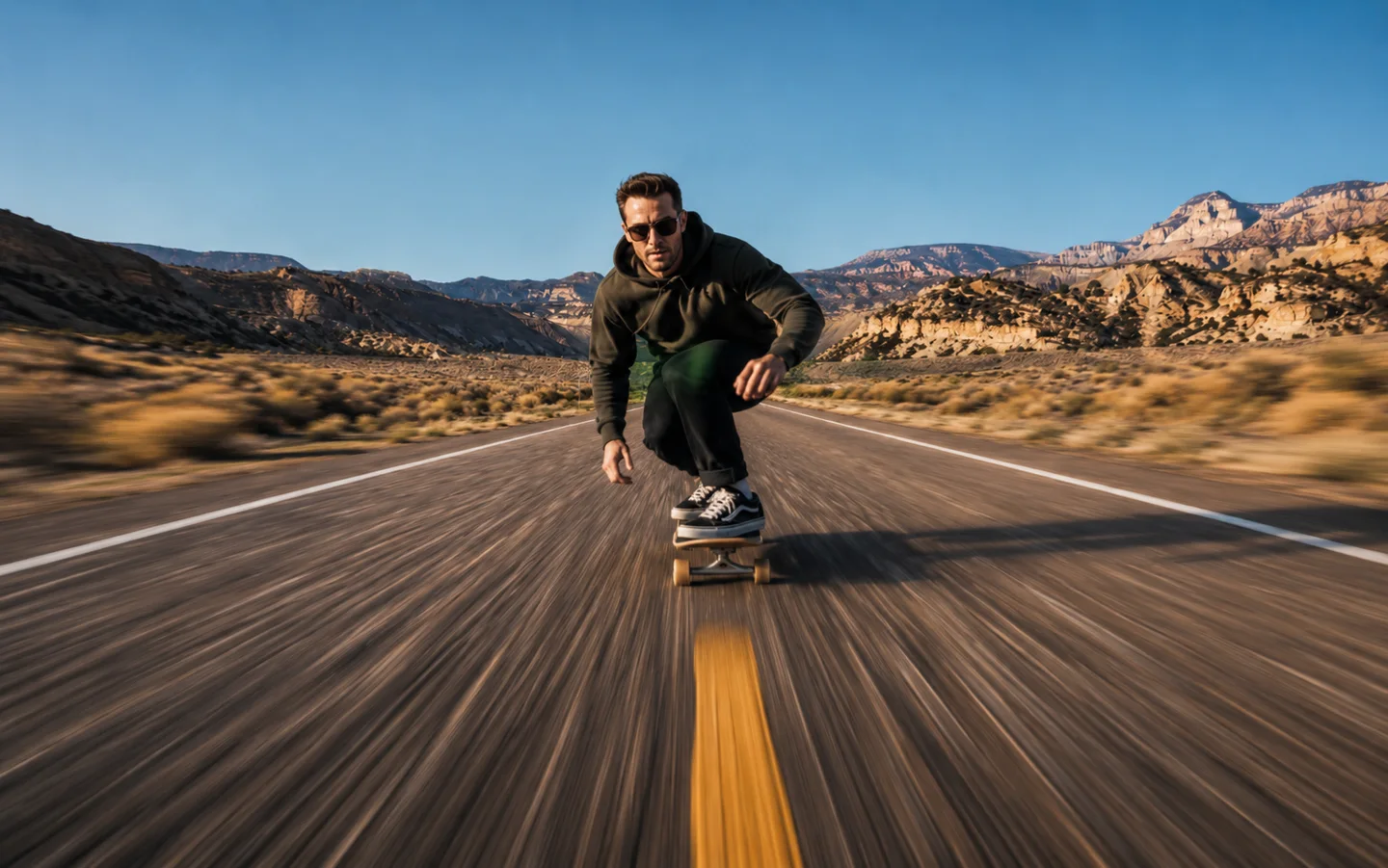 Skateboarder speeding toward the camera on a desert highway with motion blur and mountains in the background