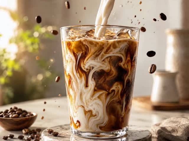 Scène de lait versé dans un café glacé dans une vidéo créée avec le générateur Vheer AI