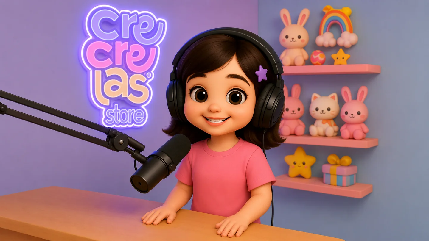 Fille en cartoon 3D enregistrant un podcast avec un casque et un microphone