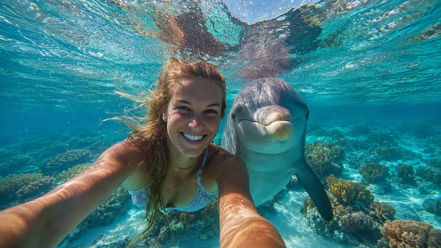 Woman taking an underwater selfie with a dolphin