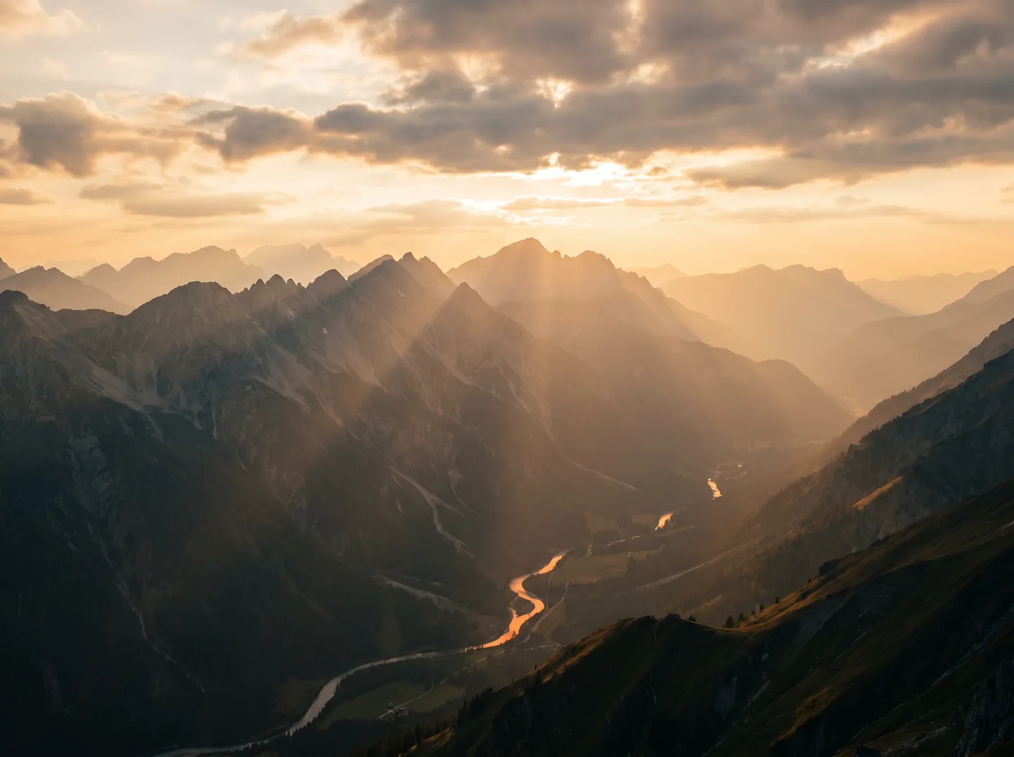 Cinematic mountain landscape at sunset created with AI image generator