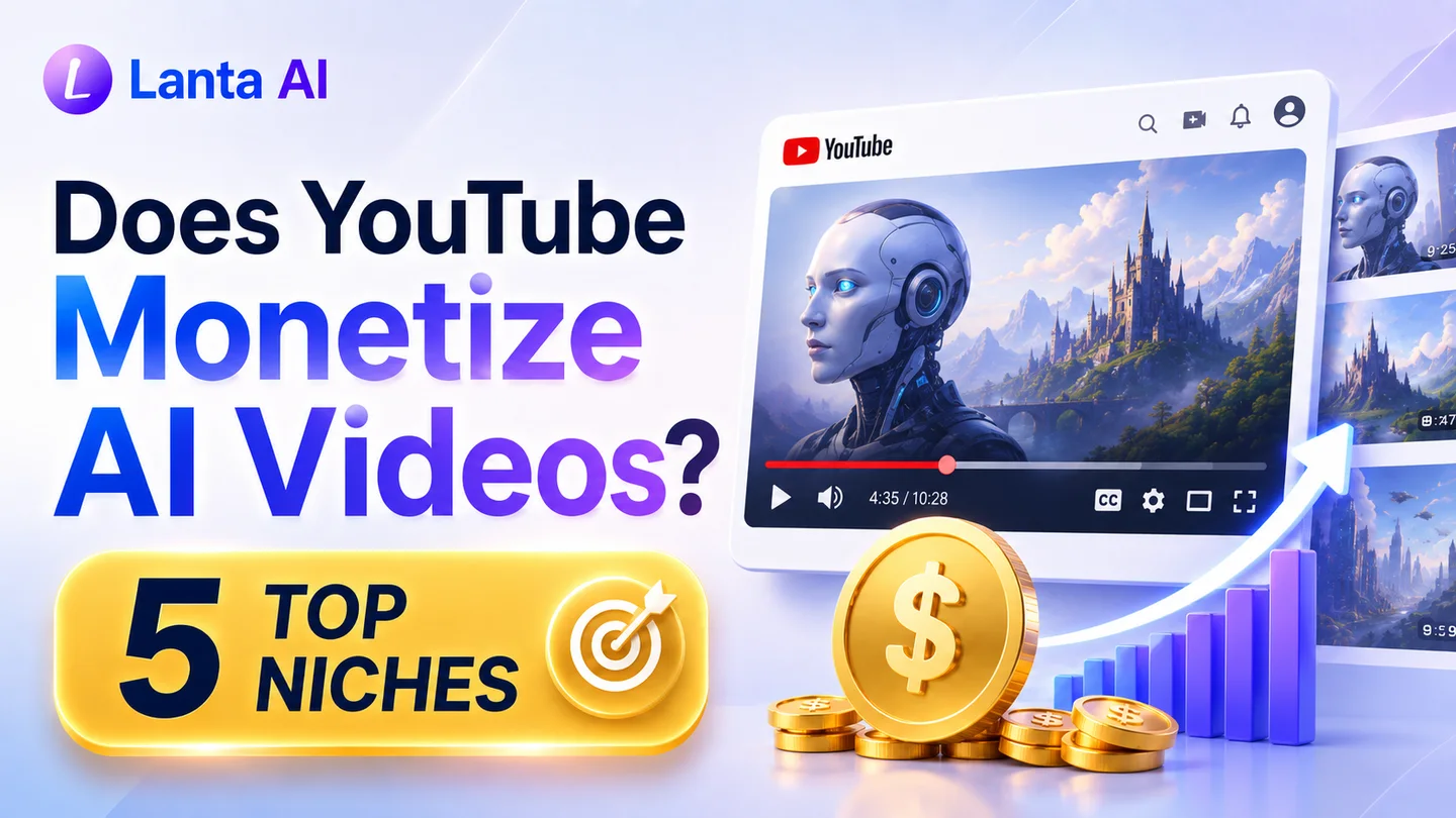 Does YouTube monetize AI videos, with a YouTube-style video interface, AI content examples, and creator revenue growth.