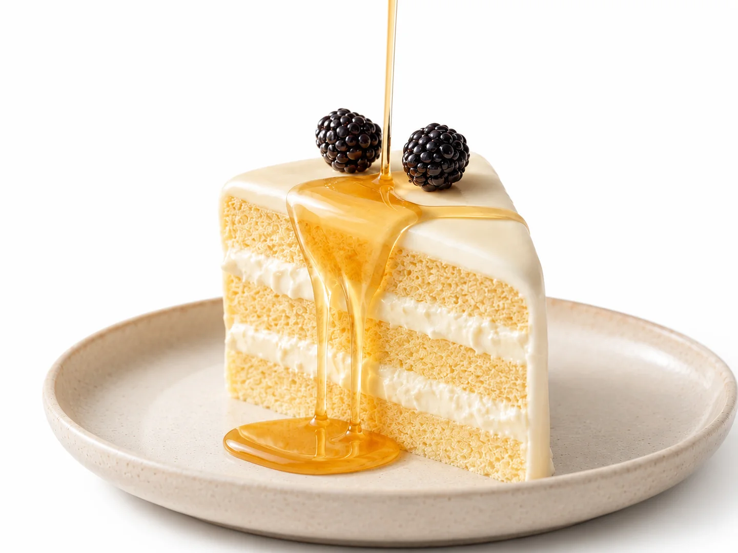 Photo originale d’une part de gâteau au miel sur fond blanc, avec des mûres et un filet de miel.
