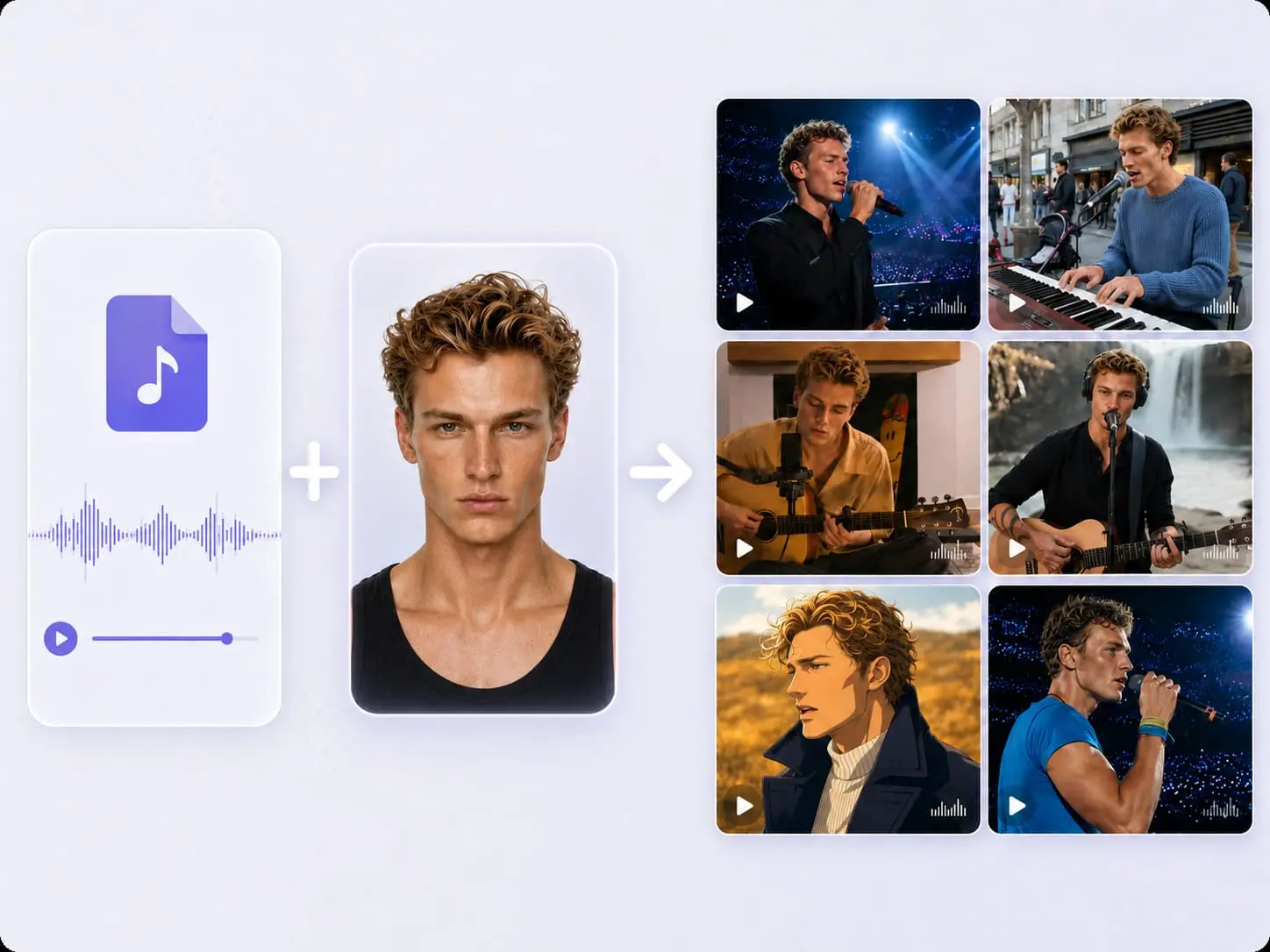 Генератор Lanta AI audio and photo to музыкальное видео создает несколько AI singing video из одного портрета и одной загруженной песни.