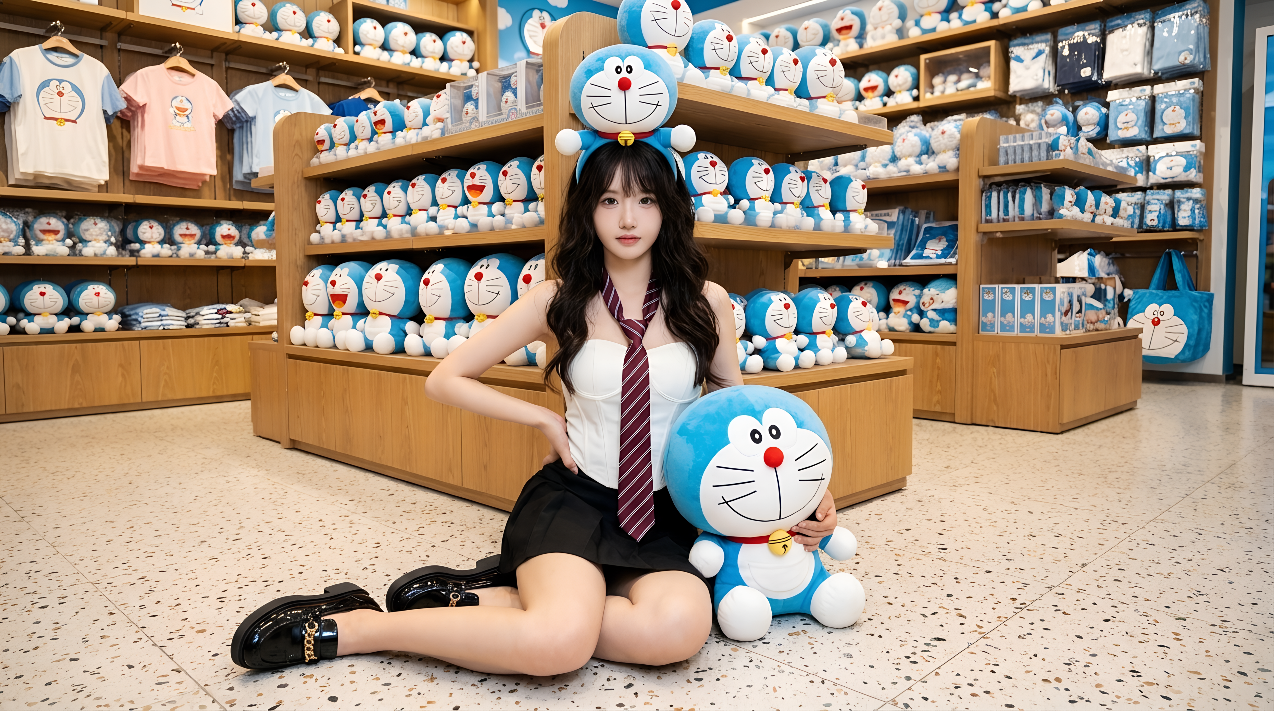 Nano Banana Pro sample image showing a realistic woman in a merchandise store with detailed product shelves and anime-themed props.