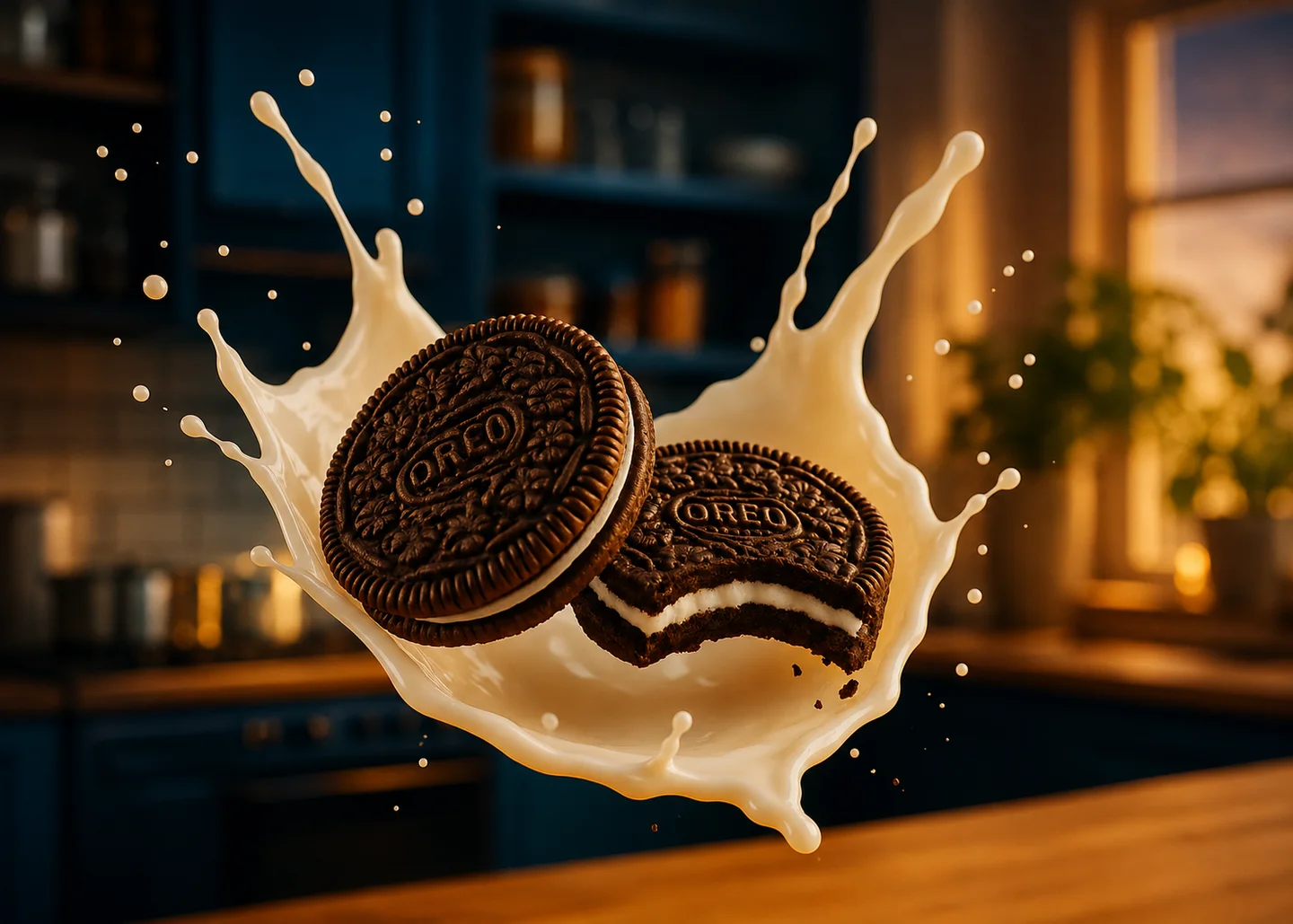 Cookie and milk splash scene for AI food advertising videos and brand campaign content