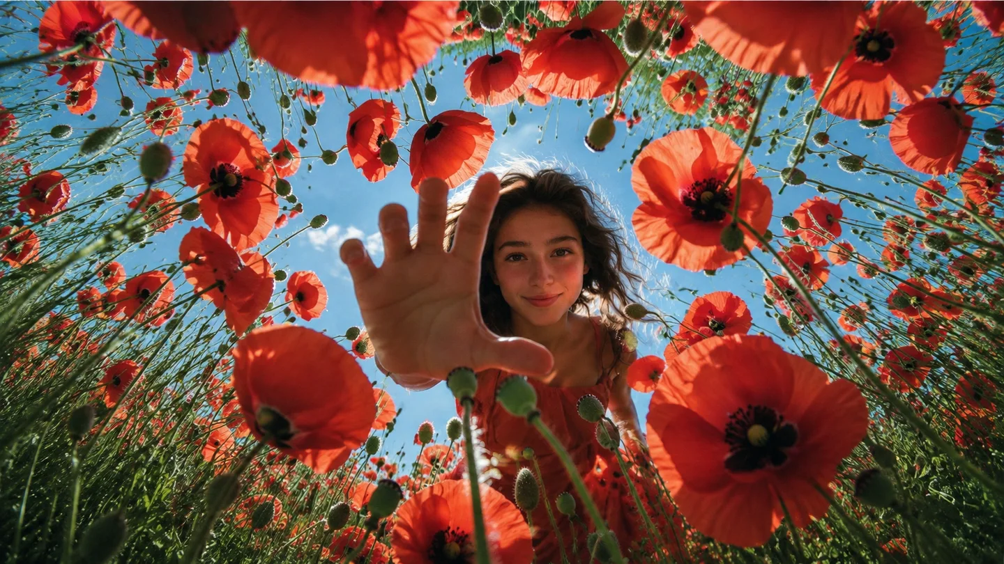 Woman reaching through a field of red poppies