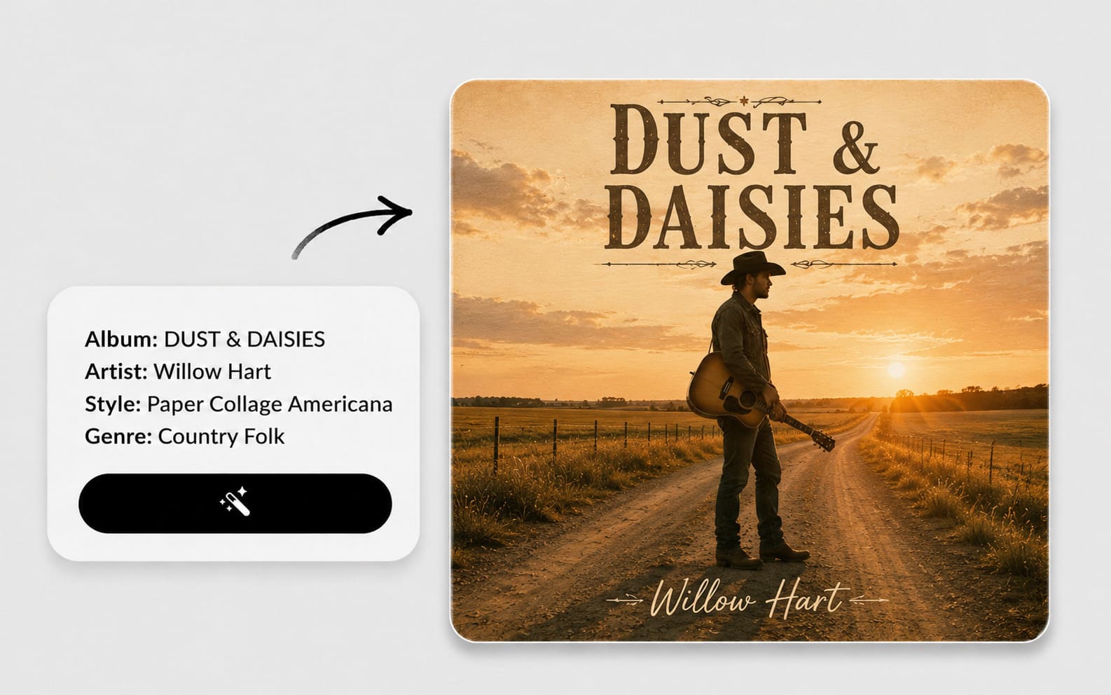 Demo de portada de álbum country folk con IA con un músico masculino con guitarra en una carretera rural dorada.