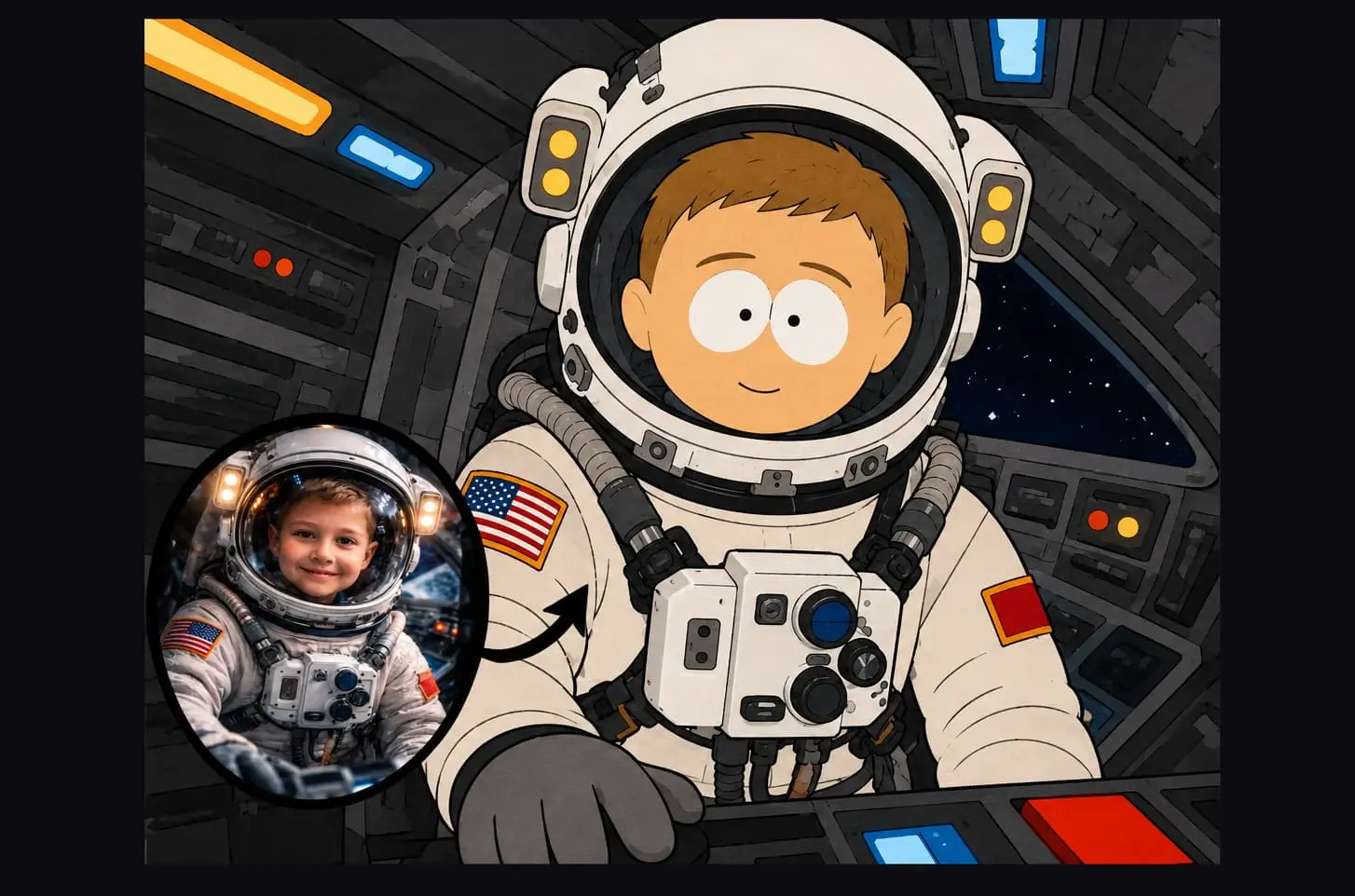 Personaje astronauta estilo South Park generado con AI dentro de una cabina espacial con un recuadro de foto de referencia