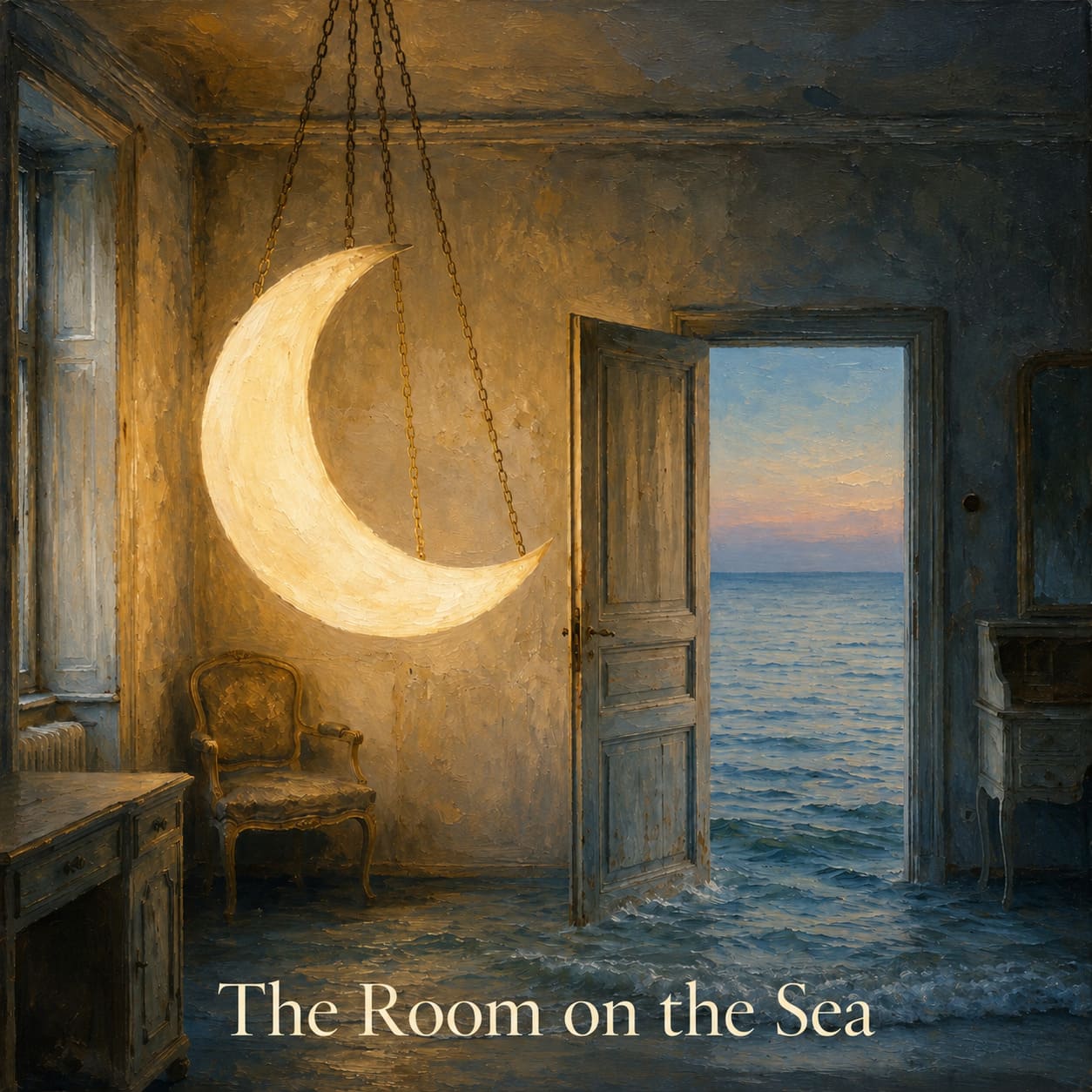 Portada de álbum surrealista con una lámpara de luna creciente brillante dentro de una habitación y una puerta abierta hacia el océano.