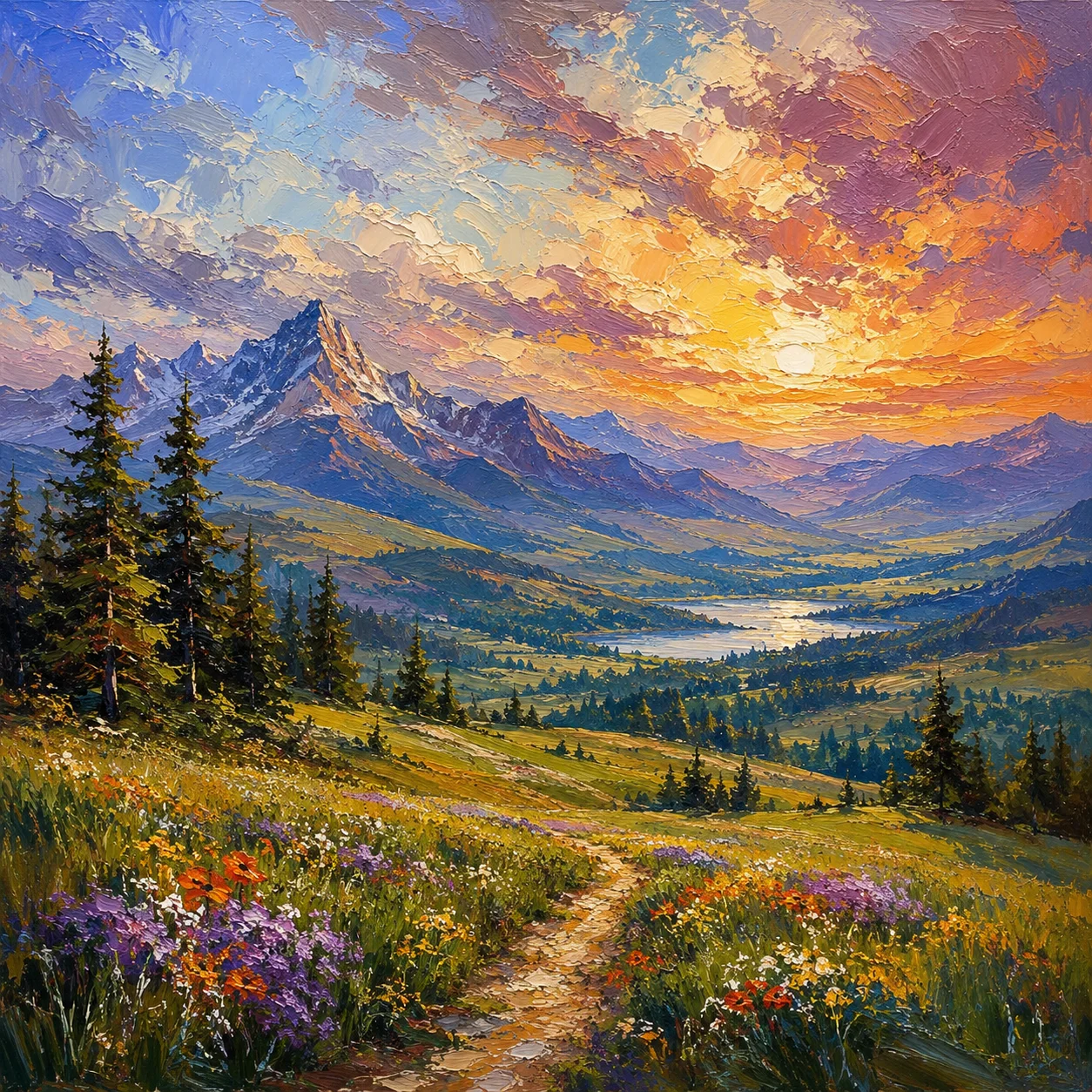 Oil painting style landscape with visible brush strokes created using AI art generator
