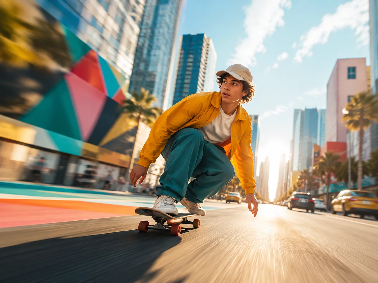 Plan urbain d’un skateur montrant le mouvement dynamique d’une vidéo créée avec le générateur Vheer AI