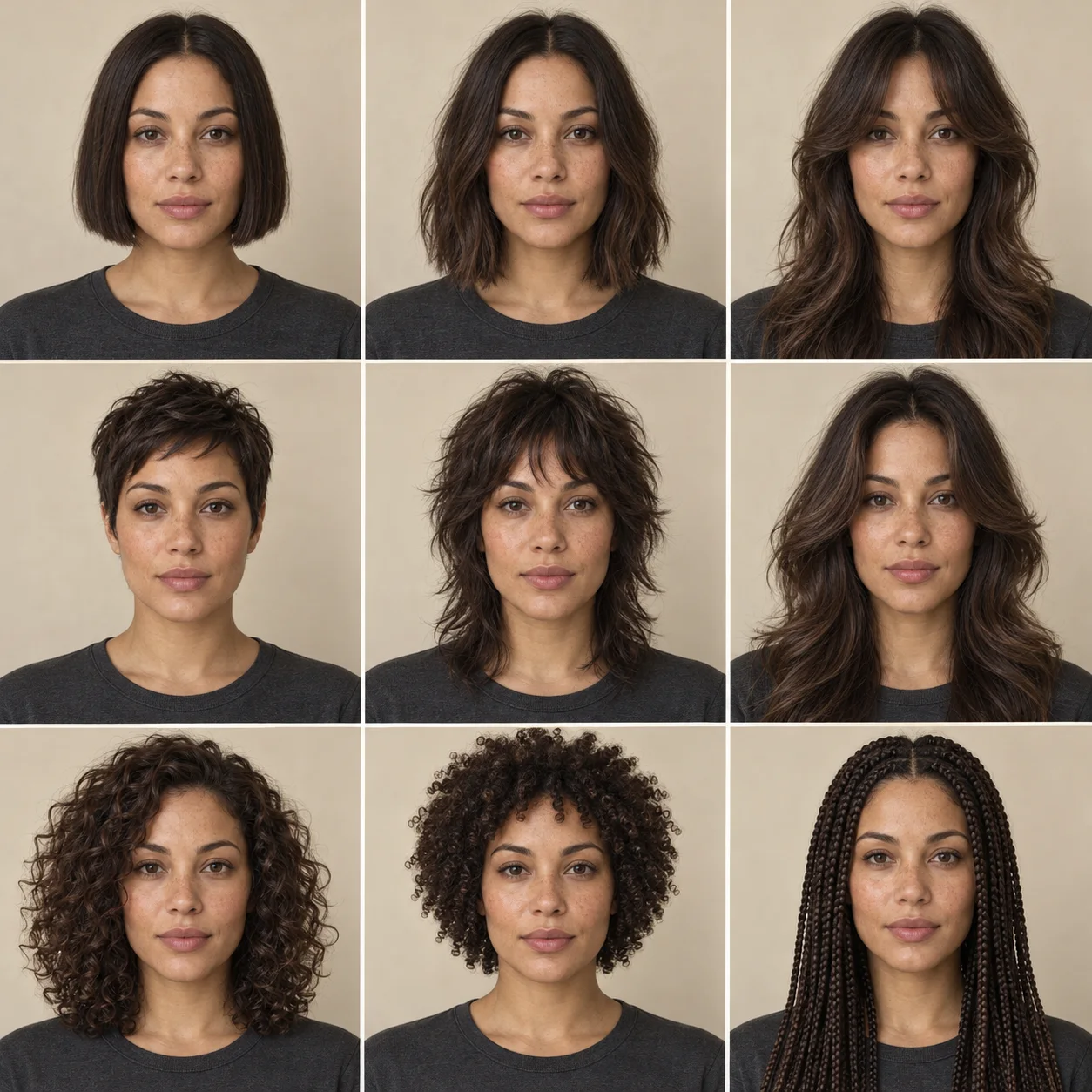 Nine AI-illustrated haircuts on the same woman, from a blunt bob and curtain bangs to a pixie and box braids