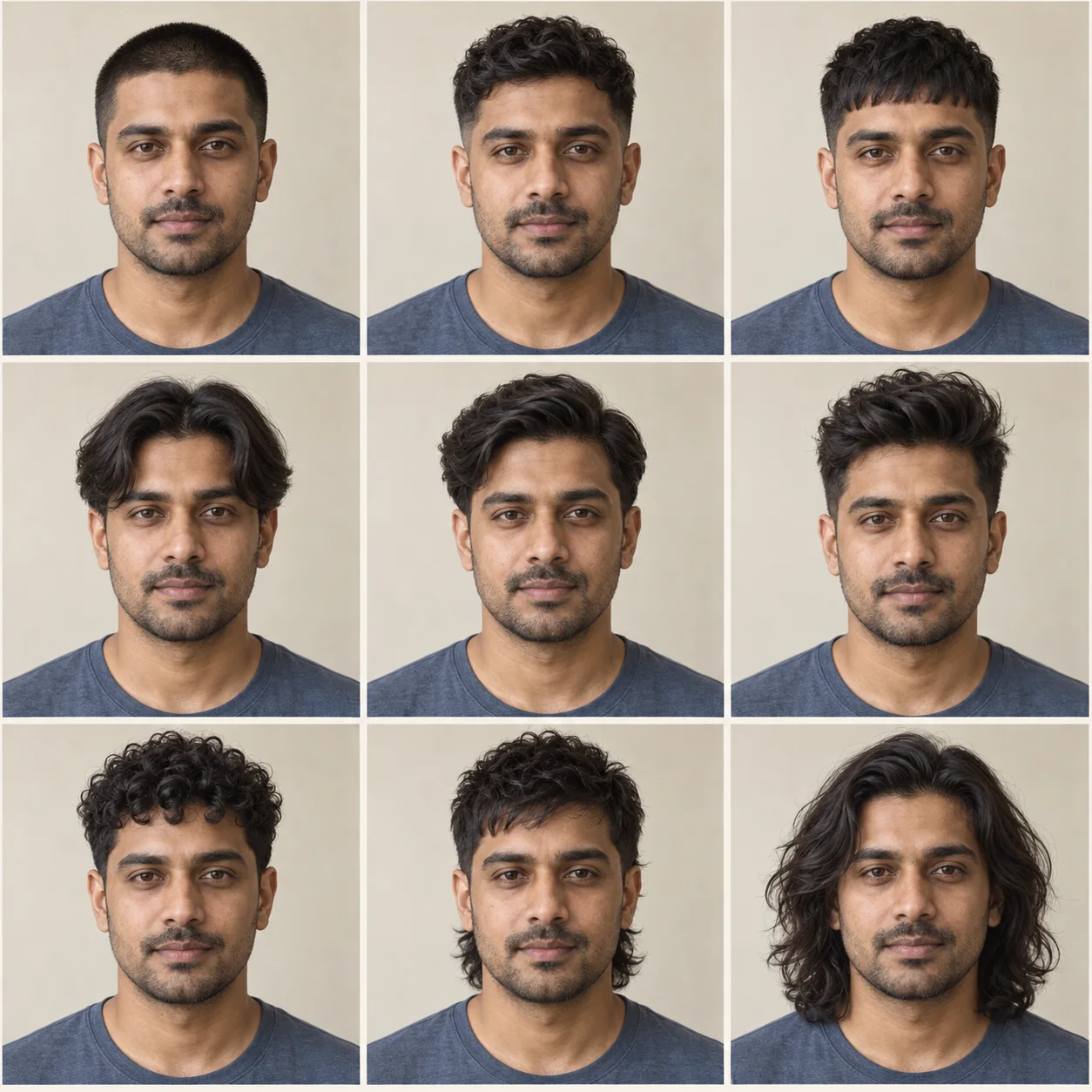 AI illustration of the same man with nine hairstyles, including a buzz cut, low taper, French crop, middle part and long waves