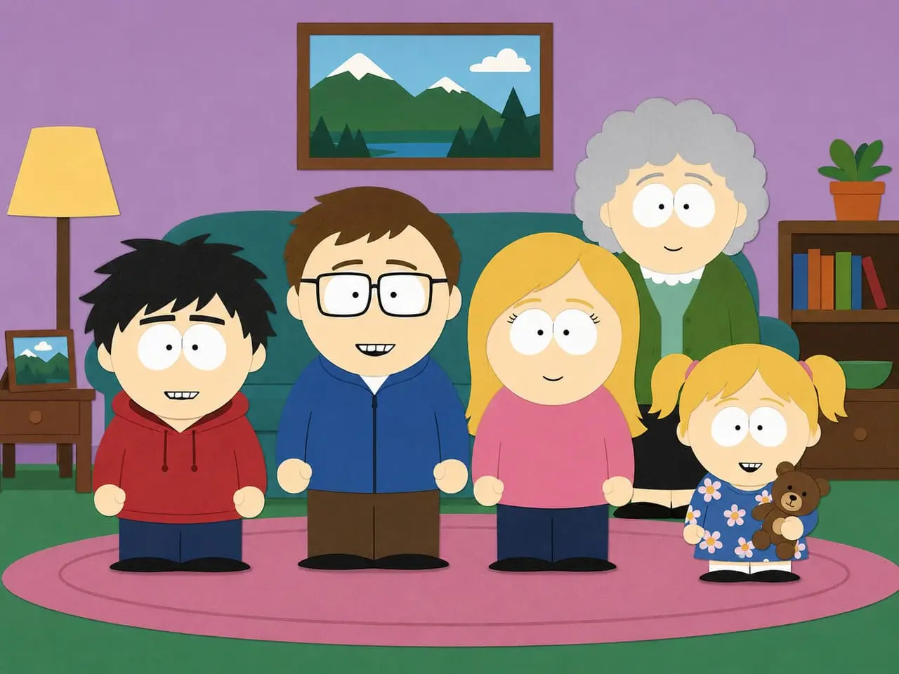 Retrato familiar estilo South Park que muestra cómo crear tu propio personaje South Park con distintas edades y atuendos