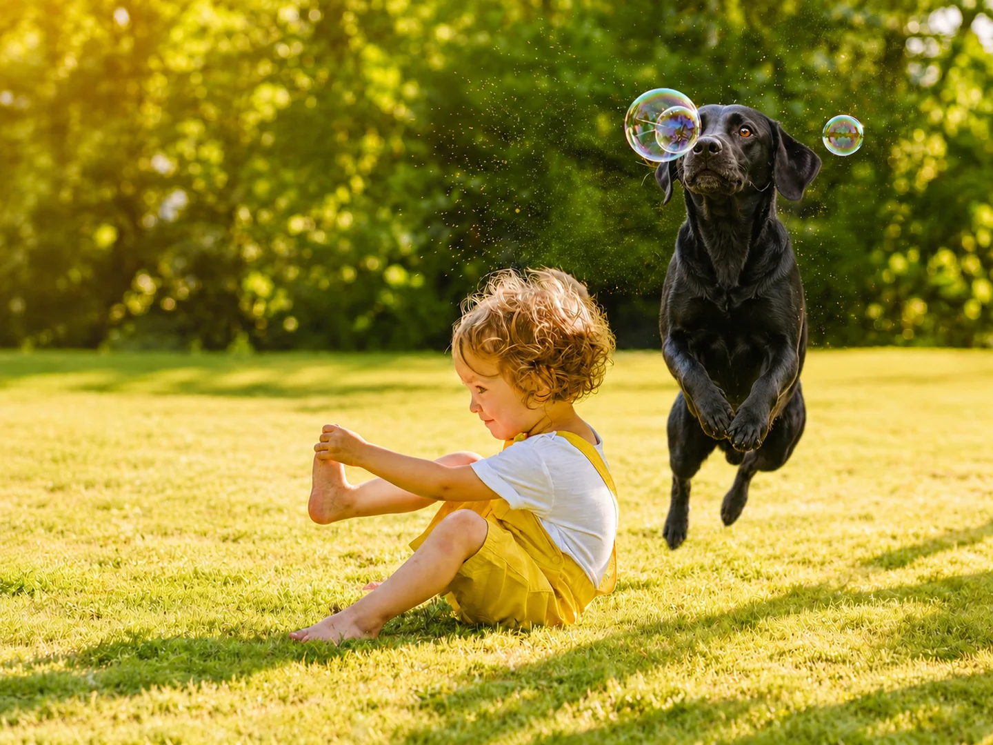 Image modifiée par IA remplaçant le chien original par un chien noir dans un parc ensoleillé avec un enfant et des bulles.
