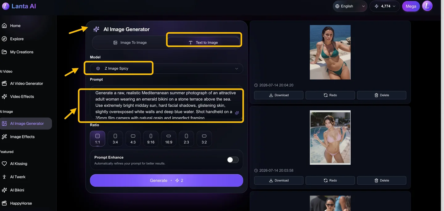 Interface du générateur d’images Lanta AI pour créer des photos bikini IA avec Z Image Spicy.