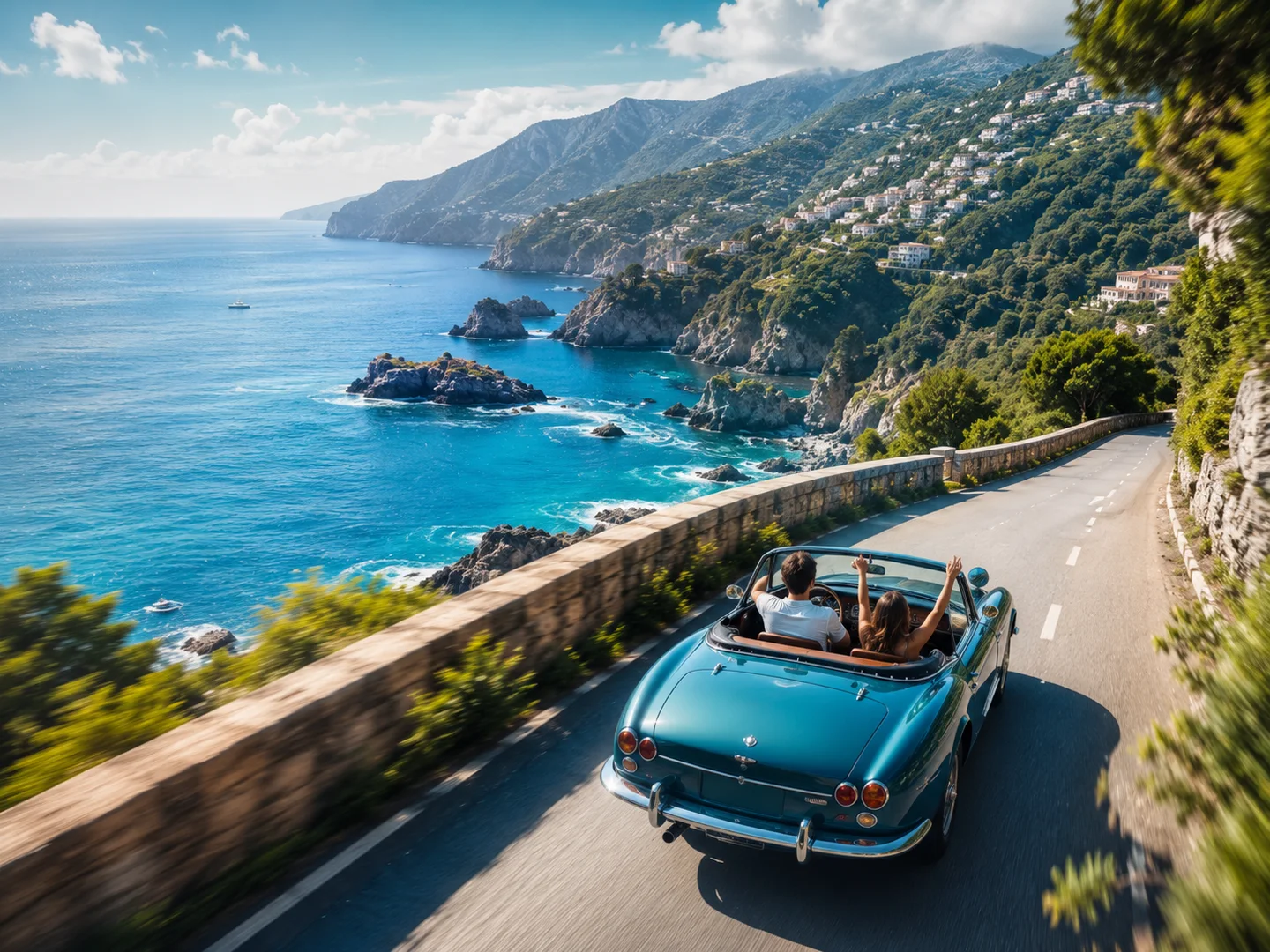 Scène de voyage côtier en cabriolet créée sous forme de vidéo avec le générateur Vheer AI