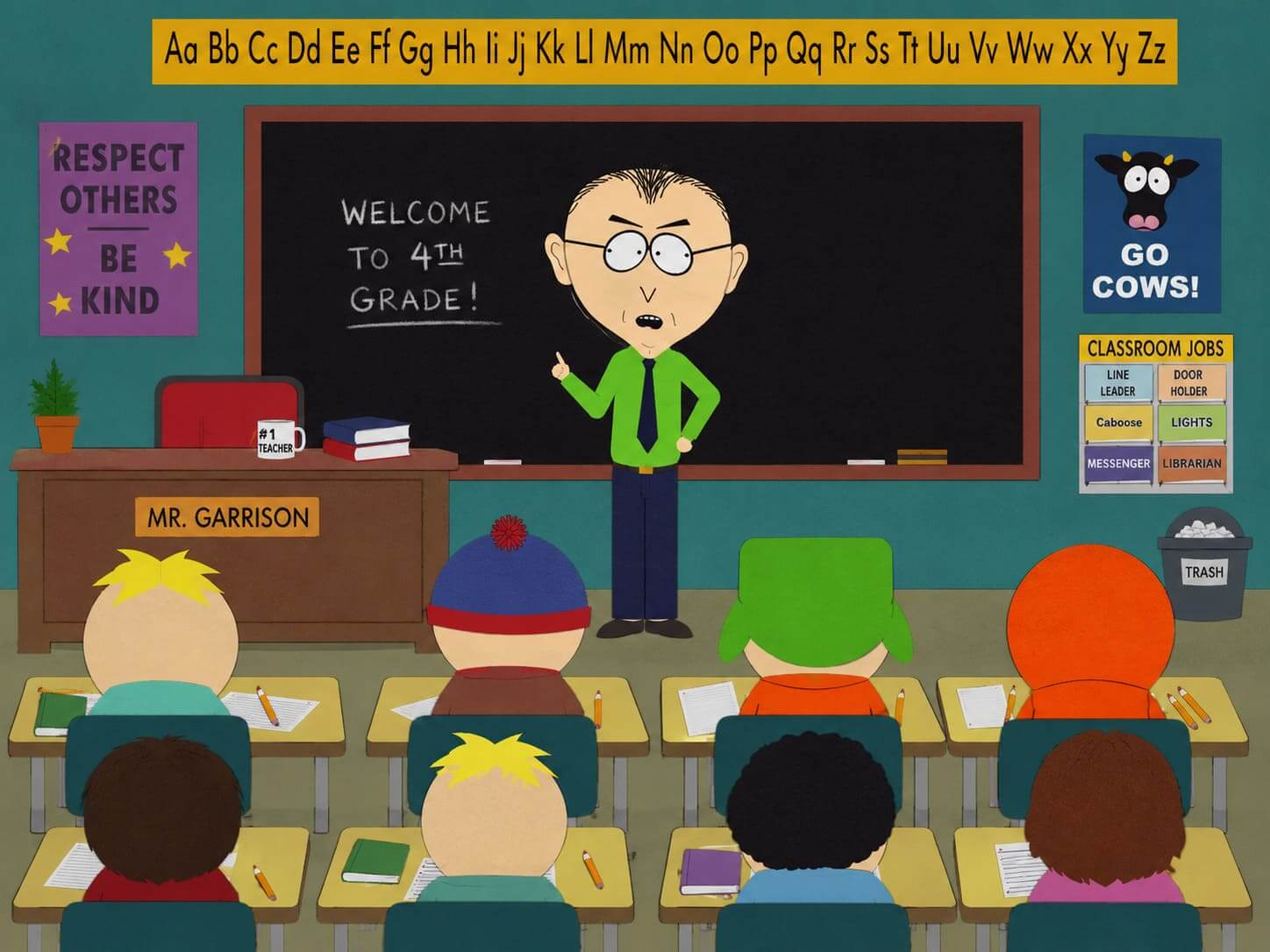 Una escena de aula estilo South Park con profesor y alumnos, mostrando cómo crear escenas South Park con AI