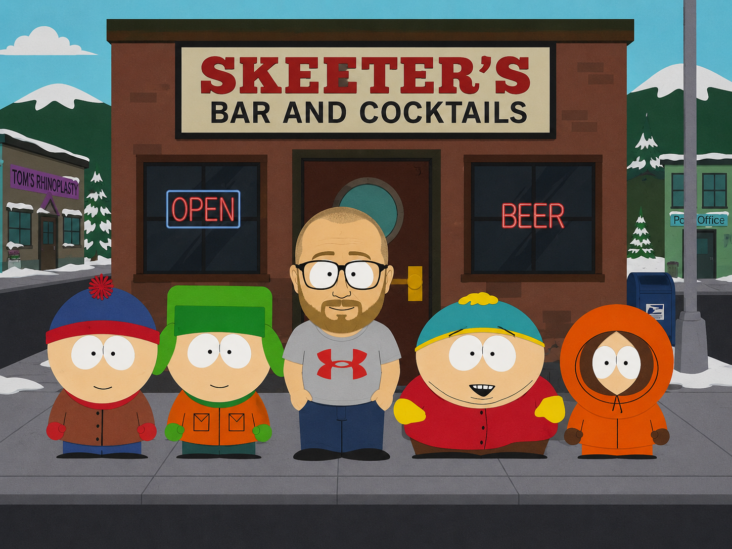 Personajes de caricatura South Park frente a Skeeter's Bar, ejemplo de cómo crear imágenes South Park desde texto