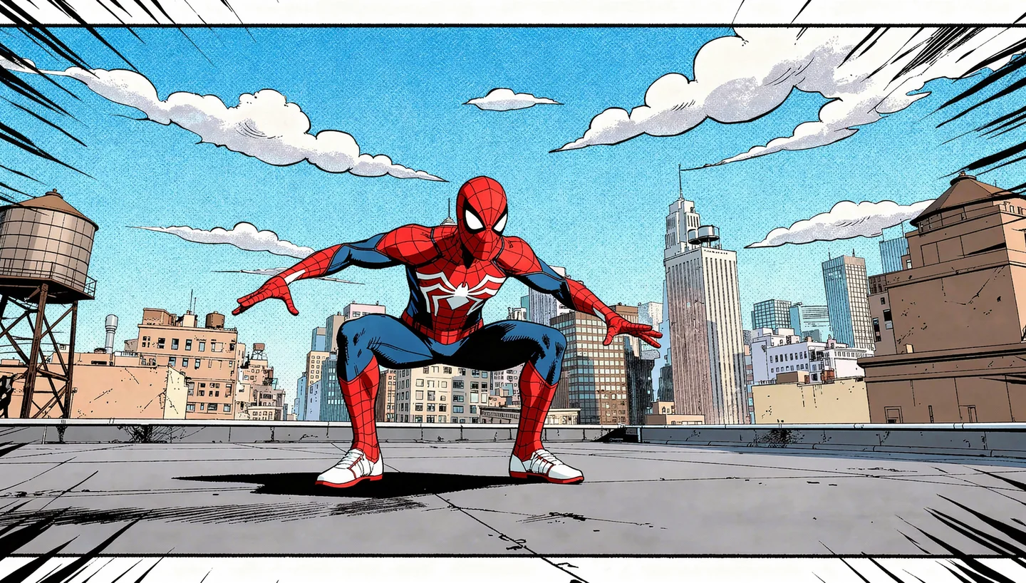 Spider-Man crouches on a city rooftop in a dynamic comic-style action scene.