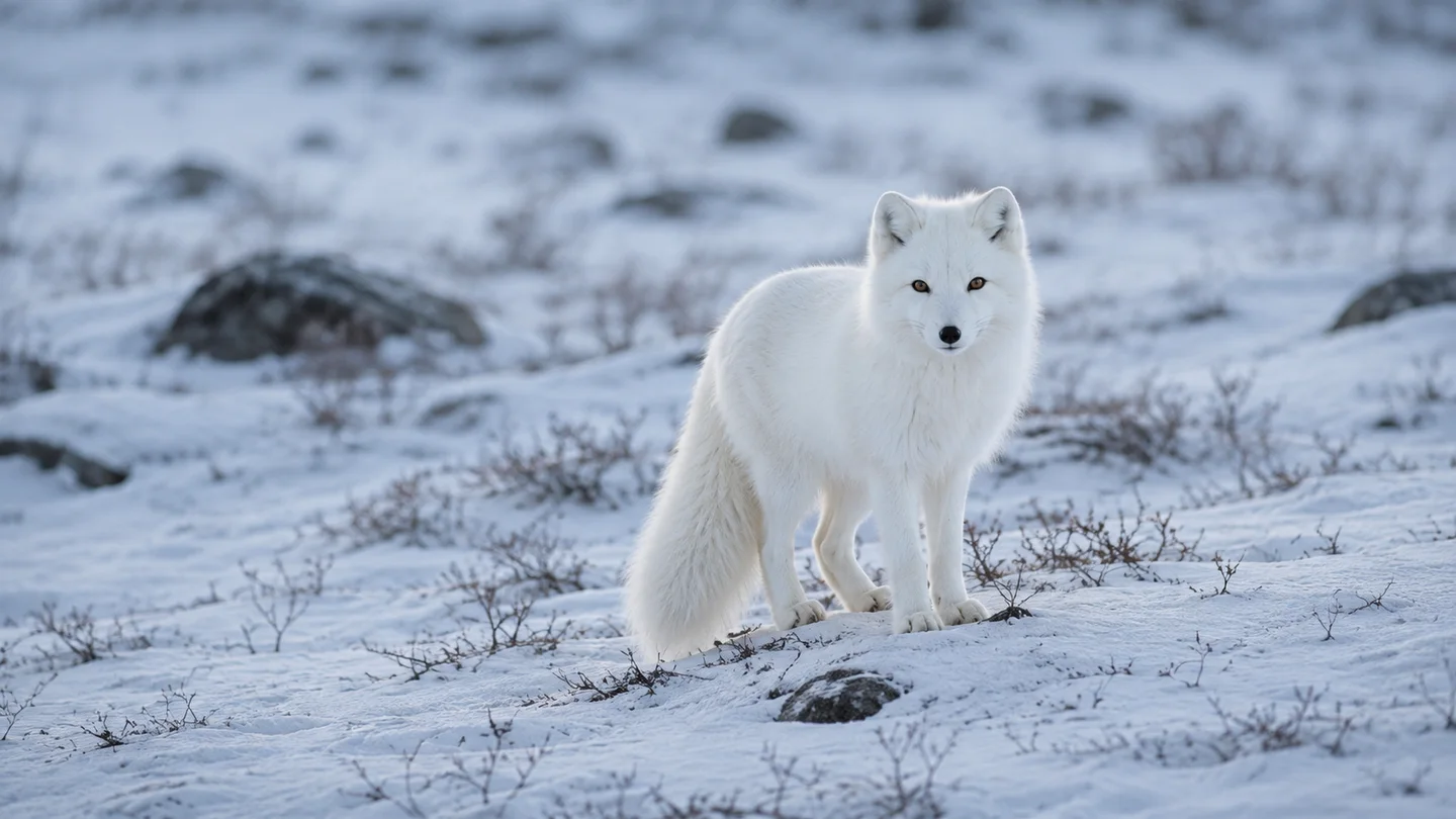 Arctic fox walking through a snowy landscape