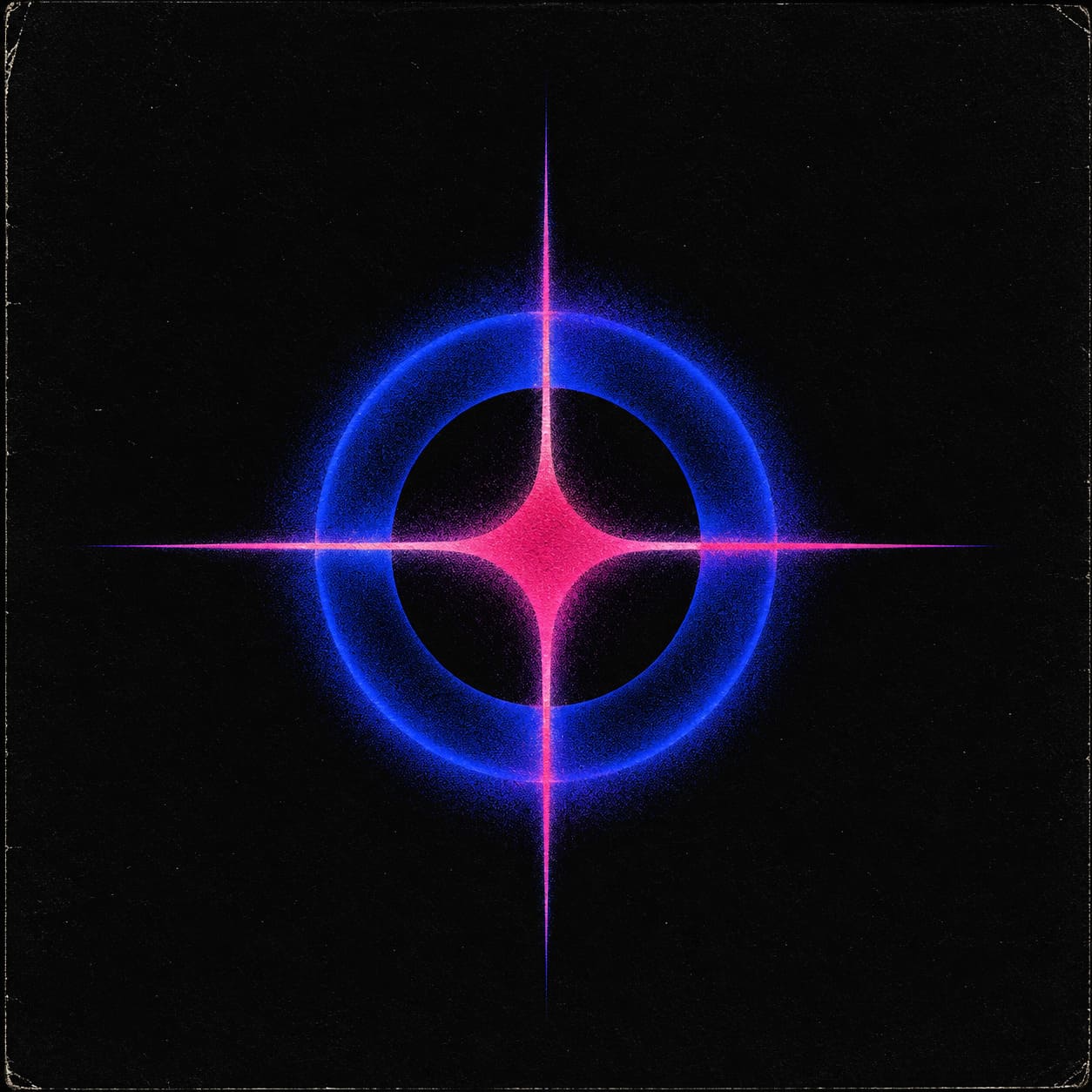 Portada de álbum EDM con IA con un anillo de luz de neón azul y rosa sobre un fondo oscuro con textura.