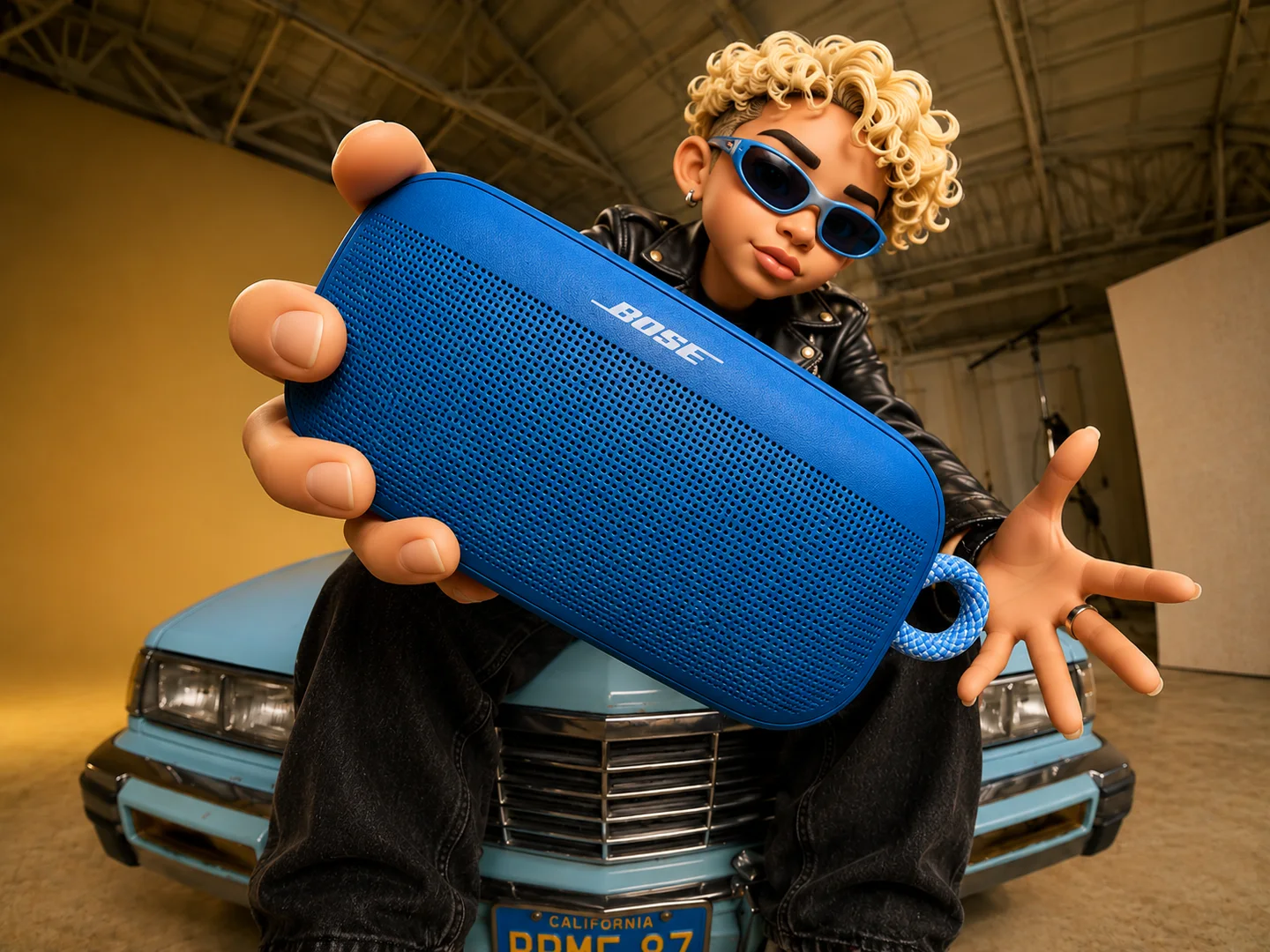 Version avatar 3D modifiée par IA d’une personne tenant une enceinte portable bleue dans la même scène.