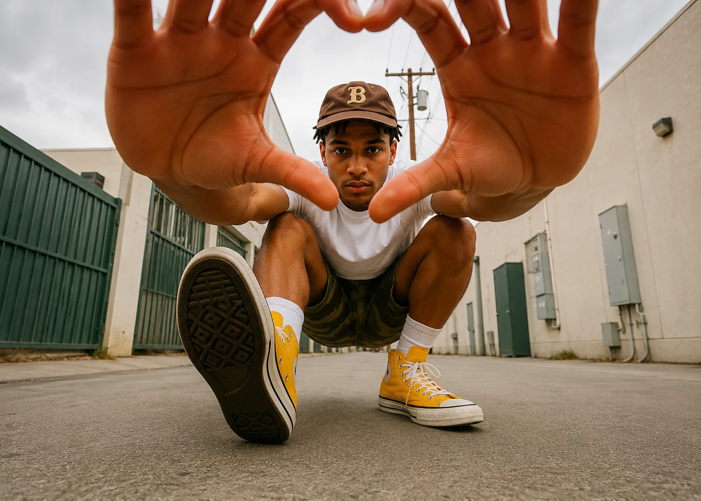 Young man making a heart gesture for social media AI video clips on TikTok Reels and Shorts