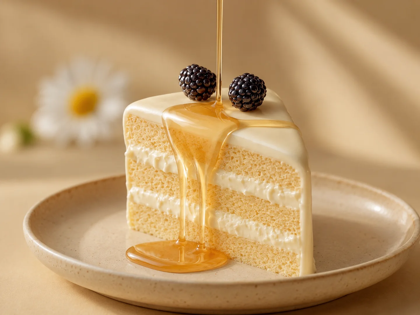 Photo de gâteau au miel modifiée par IA sur une assiette en céramique avec un arrière-plan chaleureux.