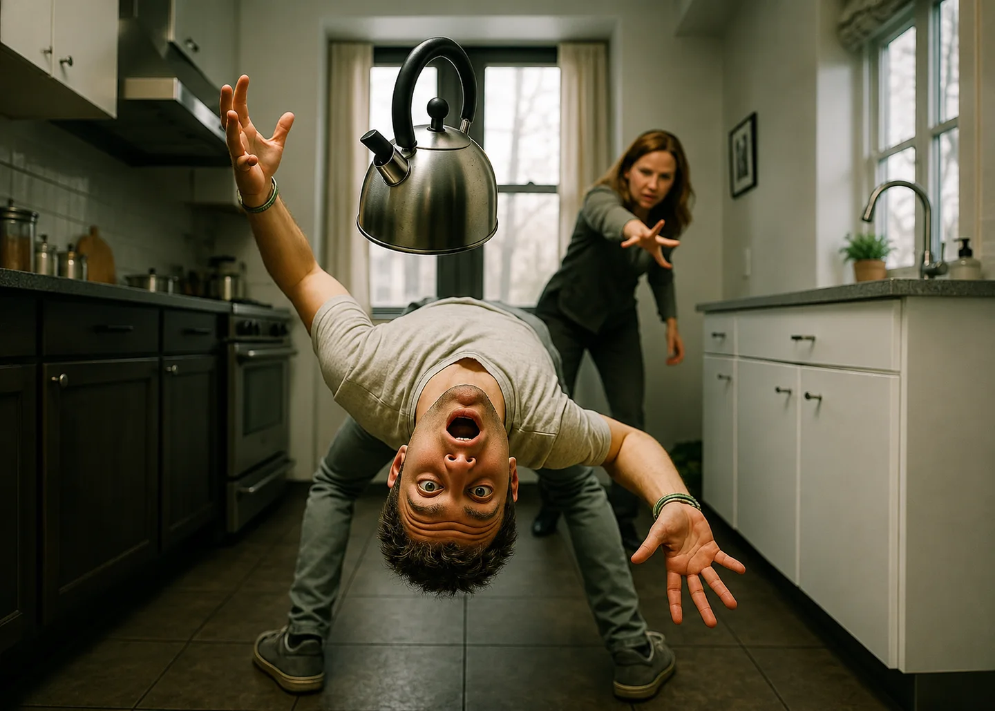 AI video generator example of a dramatic action scene with a man falling upside down in a kitchen