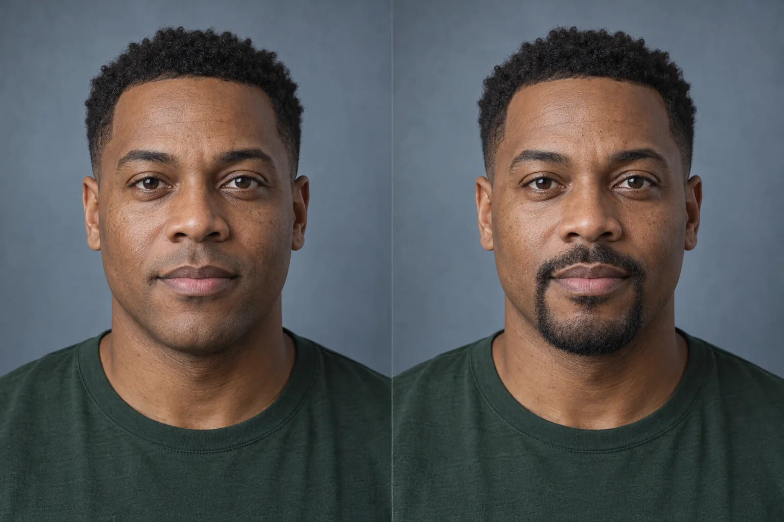 AI illustration of the same man clean-shaven on the left and with a connected goatee and moustache, with clear cheeks, on the right