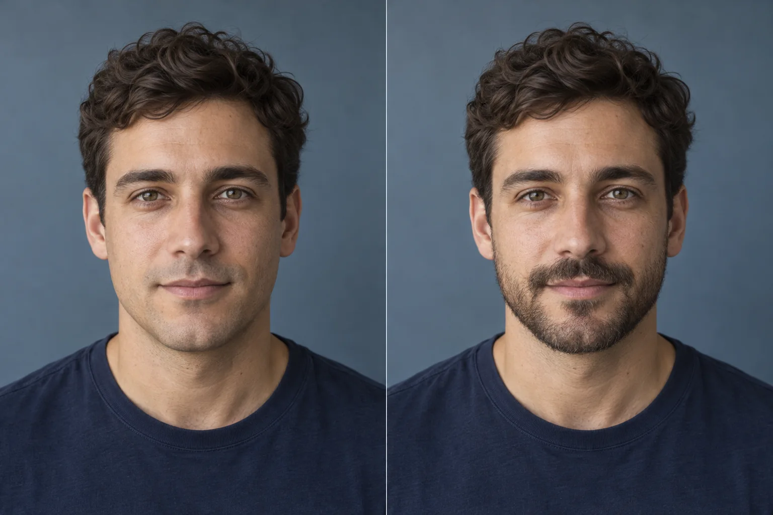 AI illustration: a clean-shaven man on the left and the same face with a short boxed beard concept on the right