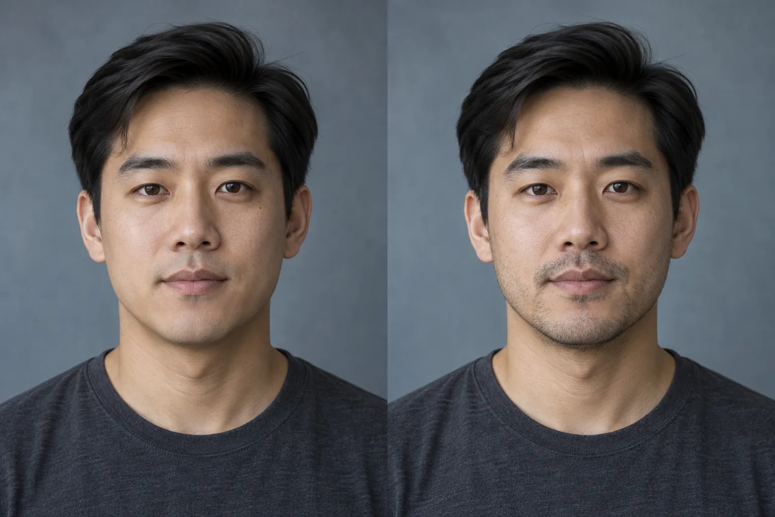 AI illustration of the same man clean-shaven on the left and with light stubble across his jaw and upper lip on the right
