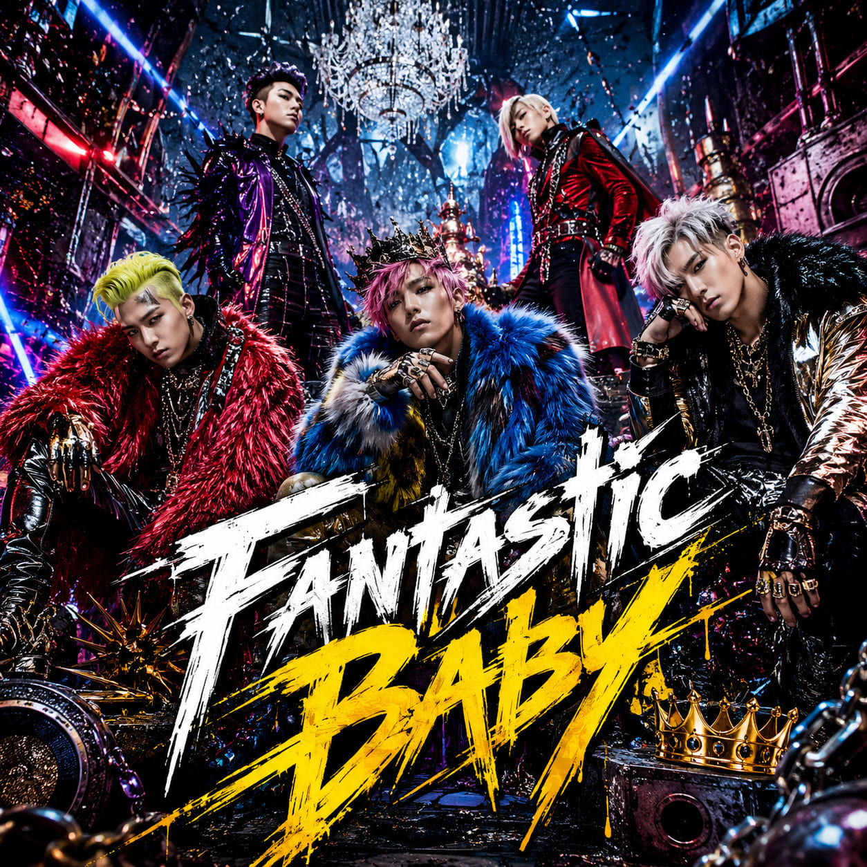 Portada de álbum K-pop con IA con un grupo masculino de idols en moda dramática, iluminación de neón y texto de título Fantastic Baby.
