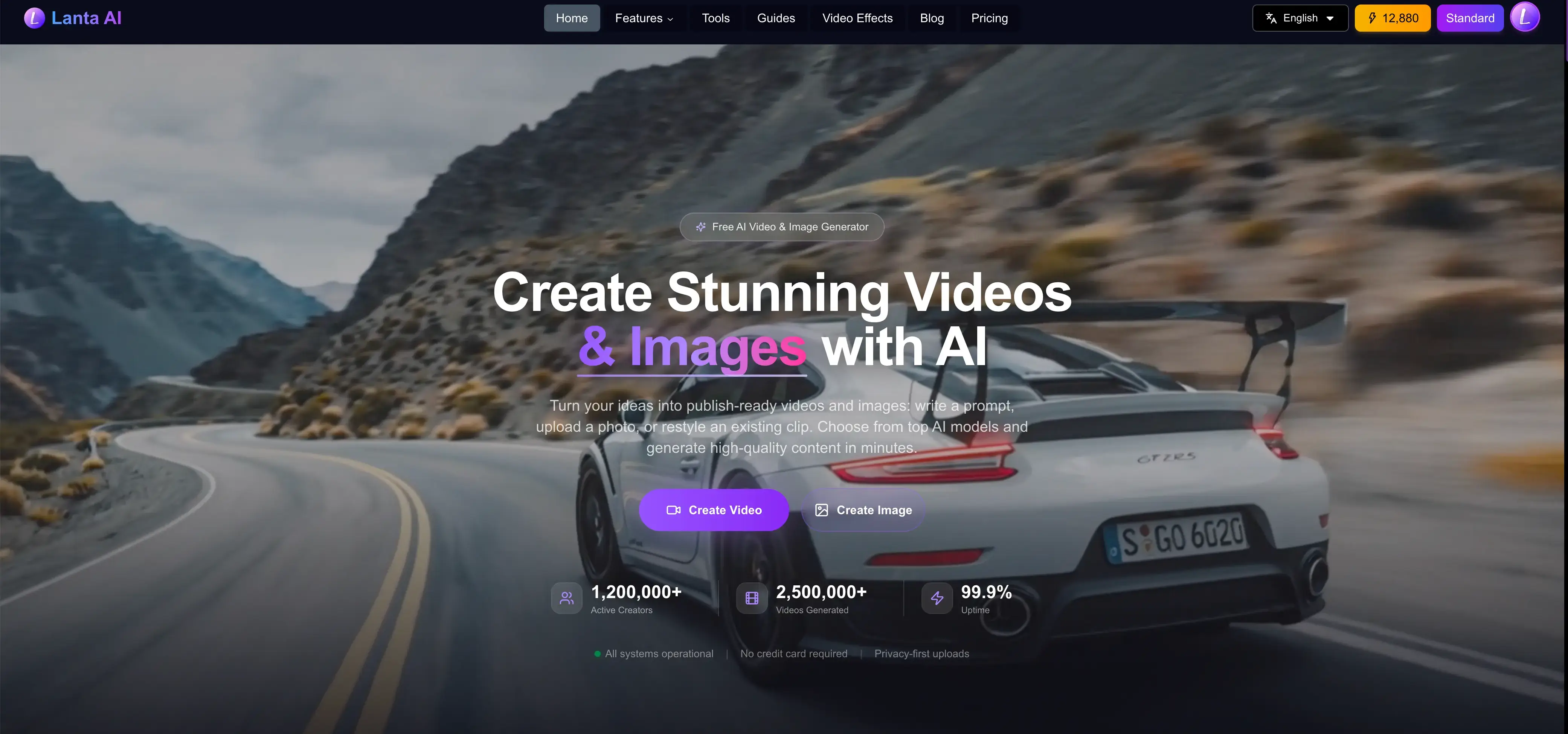 展示 Lanta AI 视频与图像生成器的 Lanta AI 首页截图