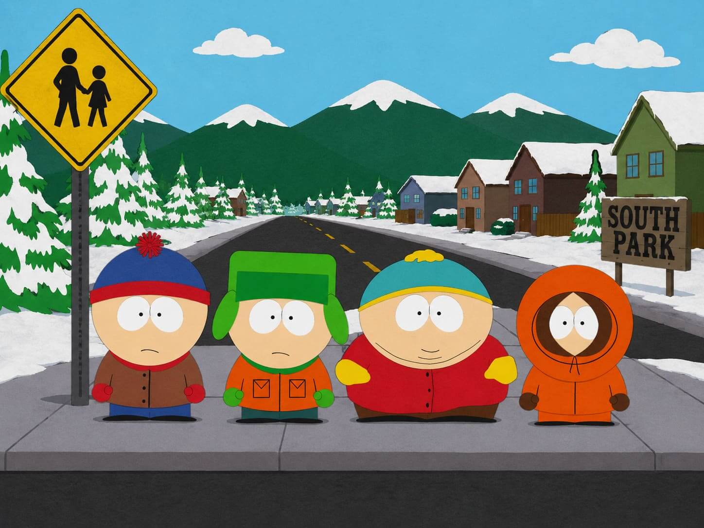 Cuatro personajes de caricatura South Park en una calle nevada, mostrando cómo crear tu personaje South Park en una escena clásica del pueblo