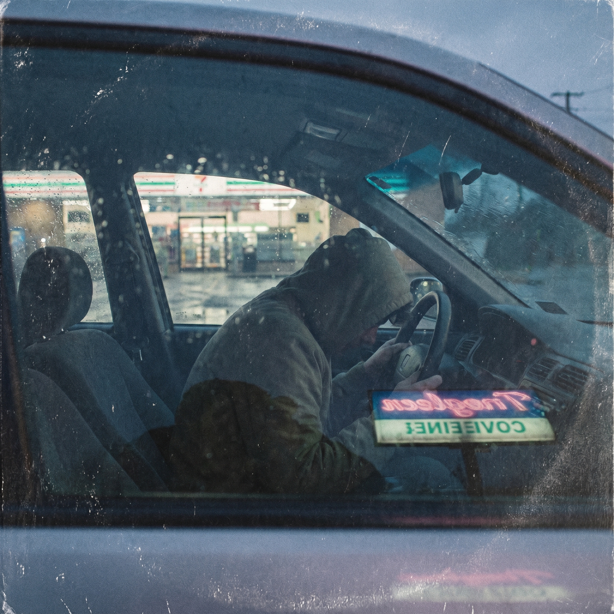 Portada de álbum phonk con IA que muestra a una persona con capucha dentro de un coche en una noche lluviosa con una tienda de conveniencia de neón al fondo.